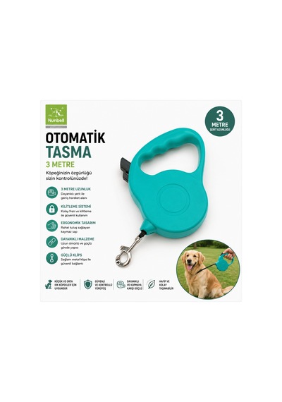 Nunbell Otomatik Köpek Gezdirme Tasması 3 Metre Kilitli Şeritli - Turkuaz Çok Renkli