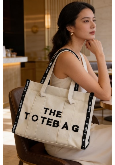 Ents Krem Kanvas Kadın Tote Bag Büyük Boy Günlük Omuz Ve Plaj Çantası beyaz