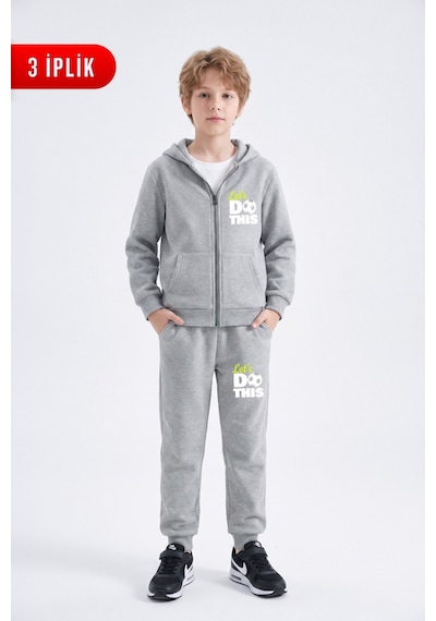 Fyk Kids 3 İplik Baskılı Fermuarlı Erkek Çocuk Eşofman Takımı Gri
