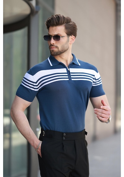 Madmext Lacivert Fermuarlı Polo Yaka Erkek Triko T-shirt E7407 Lacivert