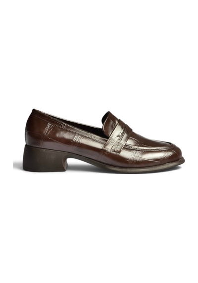 Fox Shoes Z820066211 Kahverengi Kroko Baskılı Kalın Topuklu Loafer Ayakkabı