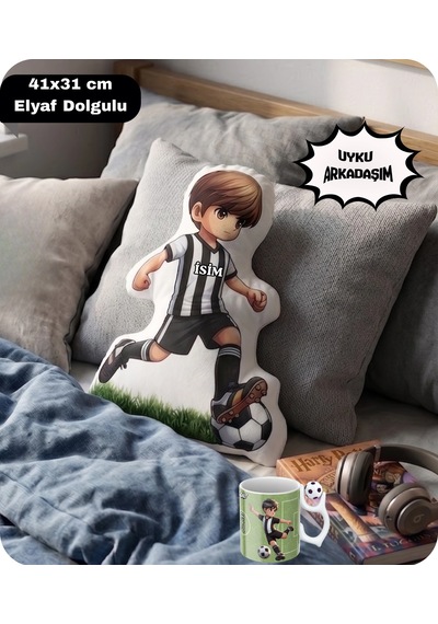 Siyah Beyaz Futbol Kupa Taraftar Yastık Kombin Taraftar Uyku Arkadaşı İkili Set Hediye Hediye Paketi-Hediye Paketi