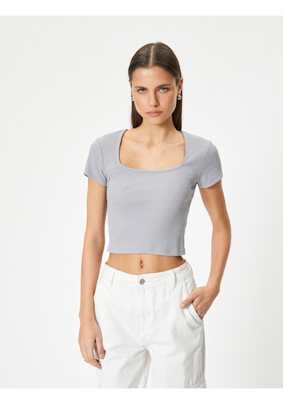 Koton Sırt Dekolteli Tişört Crop Kısa Kollu Fitilli Slim Fit Gri 4sal10804ık Gri