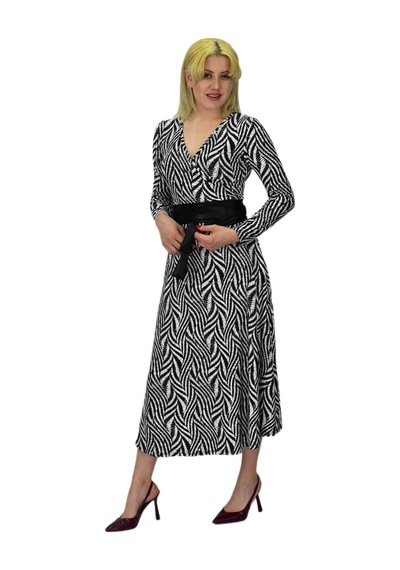 Kadın Viskon Zebra Desenli V Yaka Elbise Bgl-st03535 001