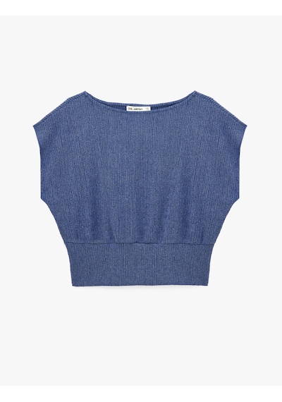 Koton Viskon Karışımlı Bürümcük Bisiklet Yaka Kısa Kollu Crop Bluz Lacivert 6sal60036ık