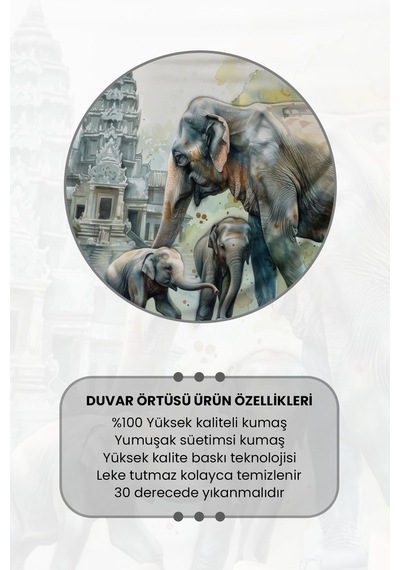 Fil Ailesi Ve Tapınak Desenli Duvar Halısı Duvar Örtüsü Tapestry Süet Dokulu Kumaş