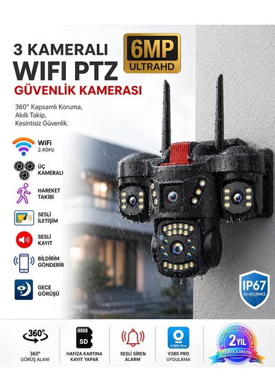 Onqam Onw2363 3 Kameralı Wifi Ptz Güvenlik Kamerası 6mp Ultra Hd 360 Derece Dış Mekan Ip66 Gece Görüşlü