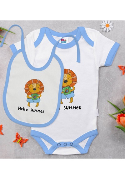 Bk Kids Hello Summer Tasarımlı Mavi Bebek Body Zıbın Ve Mama Önlü Çok Renkli