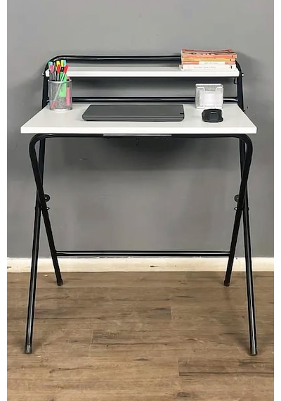 Lich Metal Ayaklı Katlanır Çalışma Masası Beyaz Raflı Laptop Sehpası Çizim Ve Ders Masası Beyaz - Siyah
