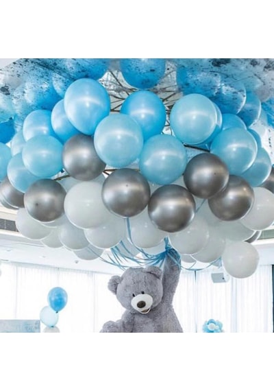 30 Ad Metalik Parlak Açık Mavi Beyaz Gümüş Gri Karışık Renk Balon
