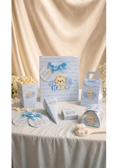 Mavi Ayıcıklı Hoşgeldin Bebeğim Hediyelik Seti, Baby Shower Ve Doğum Günü İkram Seti,7 Ürün-48 Parça 0 - 20 Ay