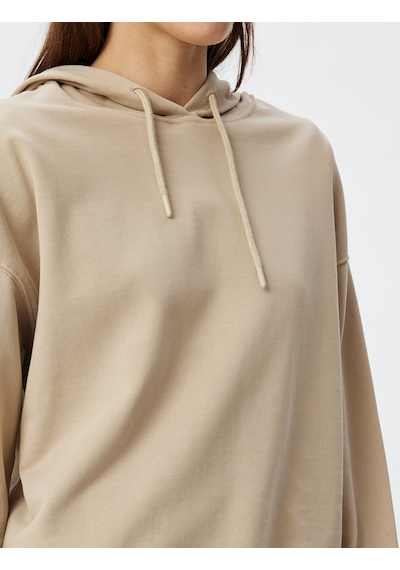 Koton Uzun Kollu Üç İplik Pamuklu Basic Kapşonlu Sweatshirt Bej 5wak10223ek Ekru