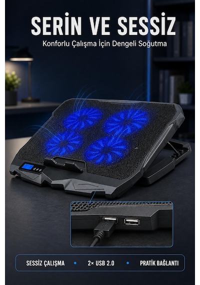 Fury E-sport Laptop Soğutucu 4 Fanlı Lcd Kontrol Panel Ayarlanabilir Dizüstü Bilgisayar Soğutma Fanı