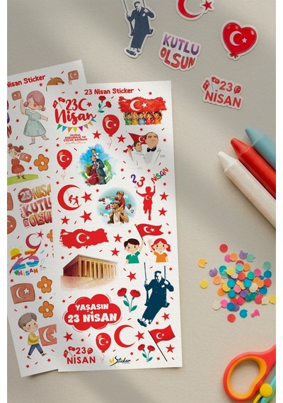 23 Nisan Mini Sticker Seti 3 Sayfa Okul Etkinlik Ve Hediye Sticker Çocuk Bayramı Sınıf Hediyelk Çok Renkli
