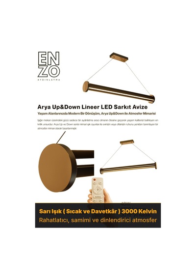 Arya 3'lü Bronz Lineer Sarkıt Avize - Kumandalı Dim Edilebilir - Aşağı & Yukarı Işık Sarı Işık