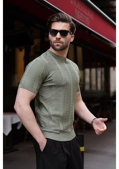 Haki Bisiklet Yaka Slim Fit Triko Erkek Tişört E7466