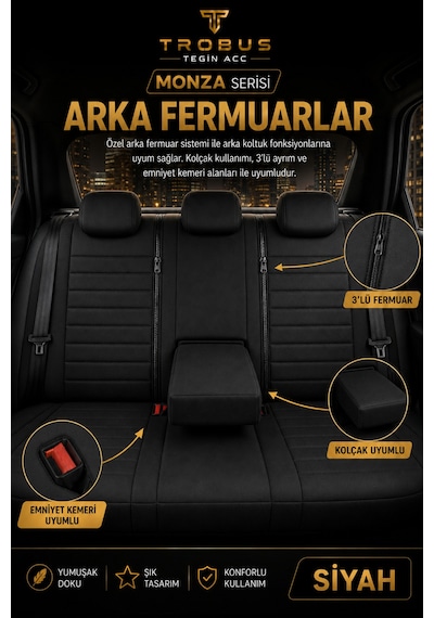 Volvo V40 2012-2019 Uyumlu Monza Serisi Siyah Oto Koltuk Kılıfı