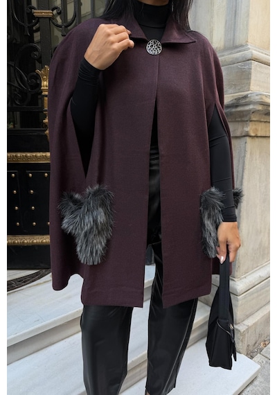 Kürk Cepli Astarlı Panço 6168 R8-b-k3 Bordo