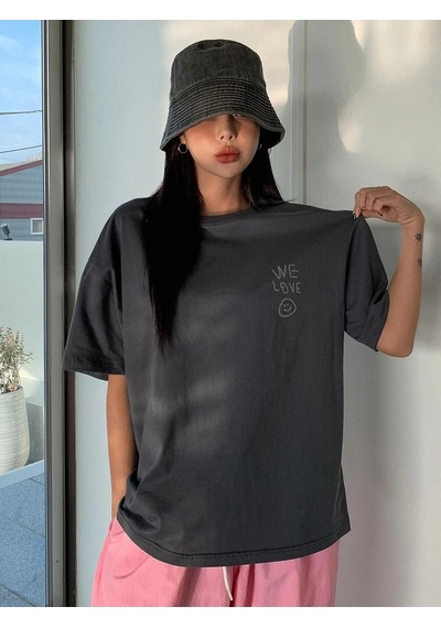 Flood Of Style Kadın Füme Love Love Love Baskılı Oversize T-shirt Gri
