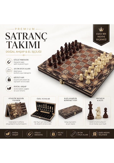 Lüks Mozaik Desenli Ahşap Manyetik Satranç Takımı 29cm Katlanabilir Özel Yuvalı Premium Satranç Seti