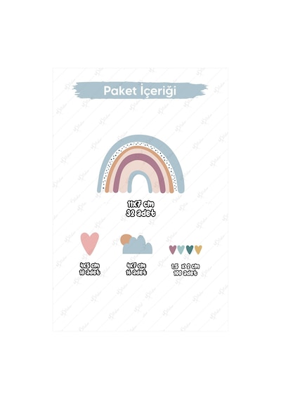 Boho Gökkuşağı Kalpler Ve Figürler Çocuk Bebek Odası Duvar Sticker Seti, Pastel Renklerde Gökkuşağı