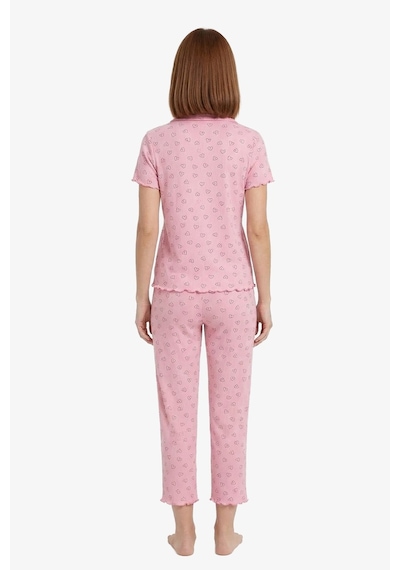Cottonhill Pudra Kalp Desenli Pointel Gömlek Yaka Kadın Pijama Takımı