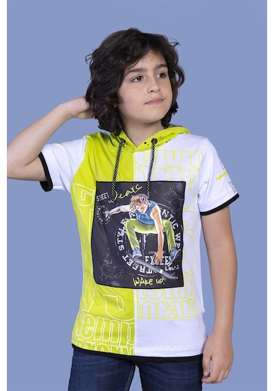Toontoy Kids Toontoy Erkek Çocuk Garni Detaylı Kapüşonlu Baskılı Tişört Yeşil