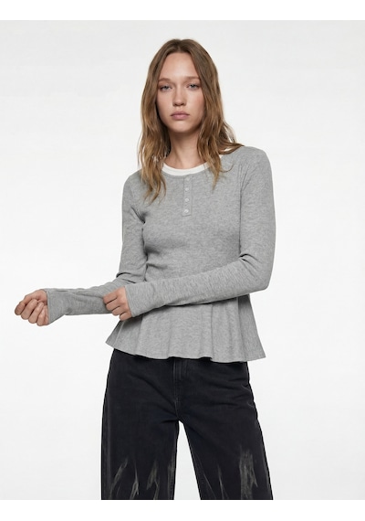 Koton Slim Fit Volanlı Bisiklet Yaka Biyeli Düğmeli Uzun Kollu Tişört Gri Melanj 6sal10208ık Gri Melanj Koton Slim Fit Volanlı Bisiklet Yaka Biyeli Düğmeli Uzun Kollu Tişört Gri Melanj 6sal10208ık Gri Melanj