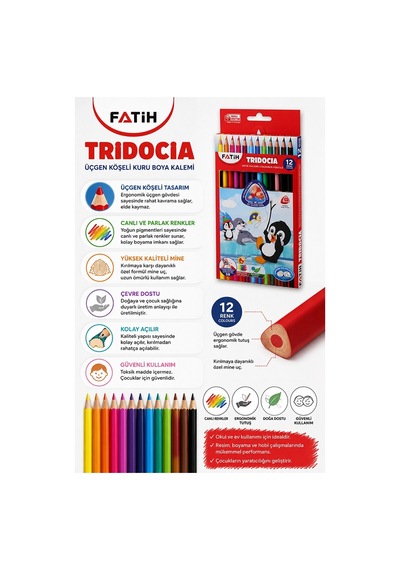 12 Li Kuru Boya Kalemi Karton Kutu 1 Paket Fatih Tridocia 12 Renk Kuruboya Tam Boy Canlı Renkli Boya Kalem Okul Öğrenci Çok Renkli