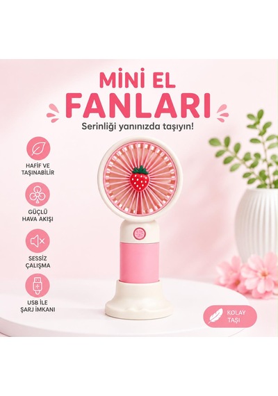Meyve Figürlü Mini El Fanı 3 Renk Seçeneği Pembe