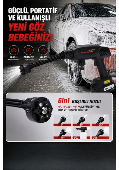 Hx-3000 Profesyonel Yüksek Basınçlı Araç Yıkama Makinesi 260 Psı 18.500 Rpm Çift Bataryalı Şarjlı Tabanca Beyaz