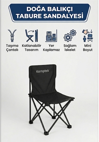Kamptek Doğa Ve Balıkçı Sandalyesi - Yer Kaplamaz Mini Boy Tabure Telefon Koyma Cepli Sağlam Balıkçı Sandalye Tabure Siyah