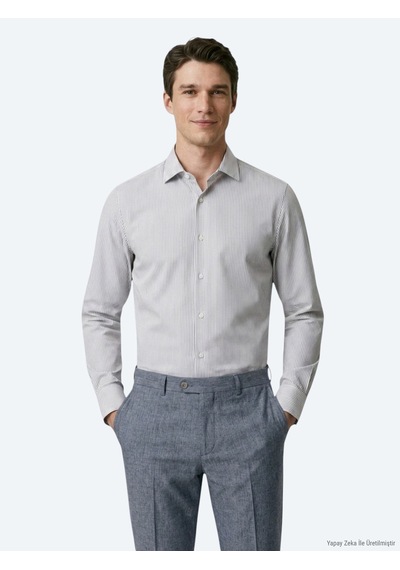 Kip Lacivert Çizgili Regular Fit Uzun Dokuma Casual Pamuk Karışımlı Gömlek