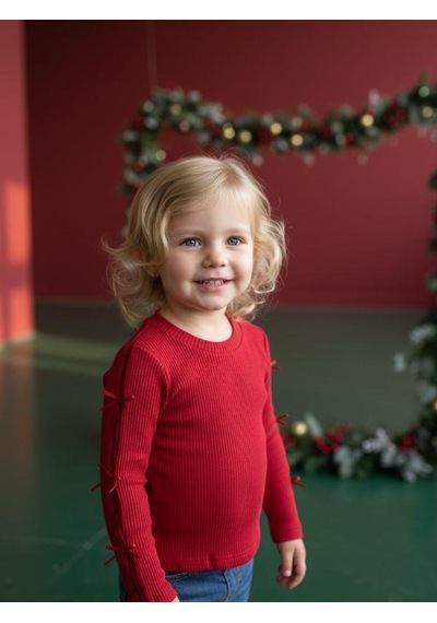 Zekids Kız Bebek Pamuklu Kolları Fiyonk Detaylı Kaşkorse Bluz-16521 Kırmızı