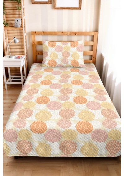 Çiçekli Pastel Sonbahar Temalı Genç Odası Tek Kişilik Pike Takımı - Boho 160x220 Cm Yatak Örtüsü Bej