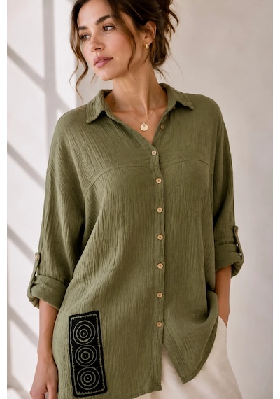 Bb Butik Basic İtalyan Seri Müslin Oversize Gömlek Dn0942 haki