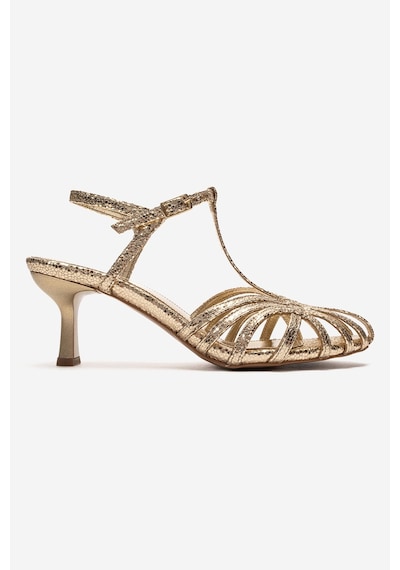 Luvishoes Felip Altın Desenli Bantlı Kadın Kısa Topuklu Ayakkabı Altın