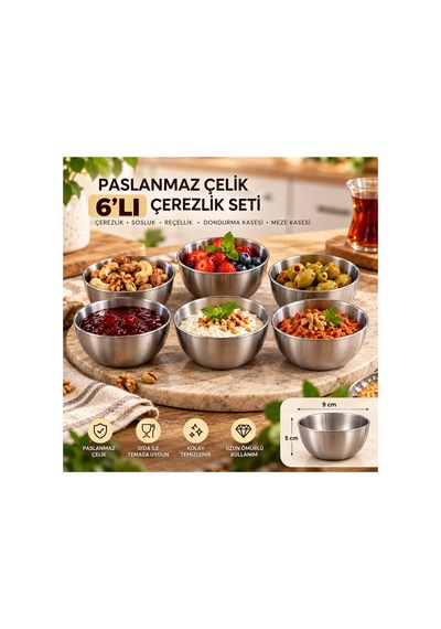 6 Lı Paslanmaz Çelik Kase Seti Çerezlik Sosluk Reçellik Zeytinlik Mezelik Gri Paslanmaz Çelik 180 Ml Gümüş