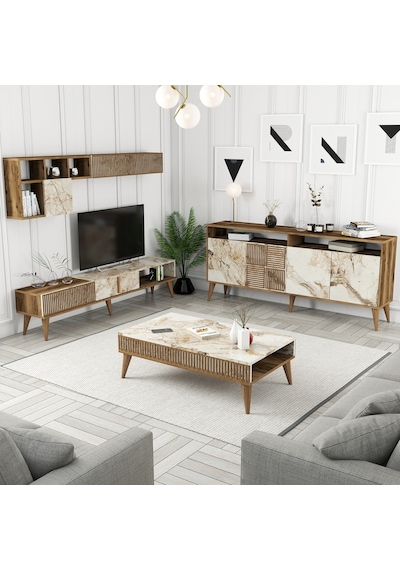Variant Milan 3'Lü Salon Takımı - Ceviz - Beyaz Mermer