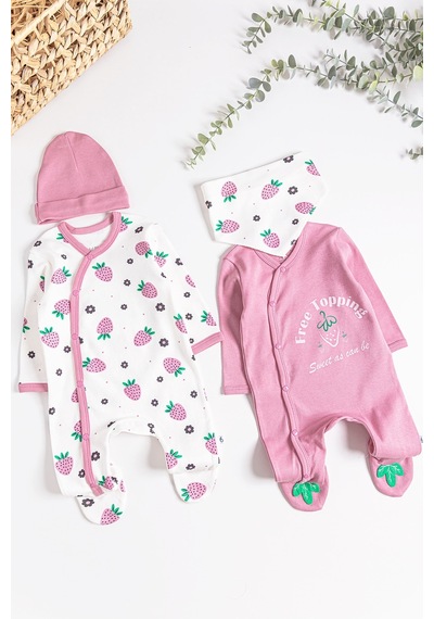 Babymod Çilek Desenli 2'li Uzun Kollu Kız Bebek Tulum Takım