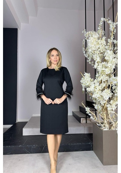 Ges Moda G0904 Kolları Otriş ve Taş Detaylı Elbise Siyah-siyah