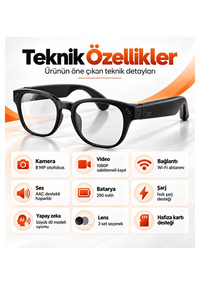 Yapay Zeka Destekli Akıllı Gözlük 8 Mp Kamera, 1080p Video, Wi-fi, Fotokromik Lens Ve 3 Lens Seti