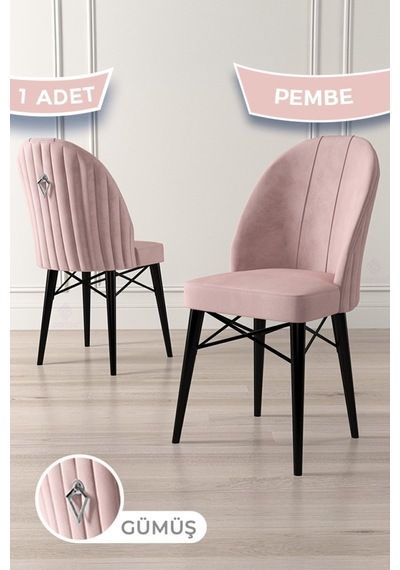 Canisa Ritim Serisi 1 Adet Pembe Sandalye 1.sınıf Babyface Ithal Kumaş Siyah Gürgen Ayak Gümüş Halkalı Sandalye Pembe Ayaklar Siyah