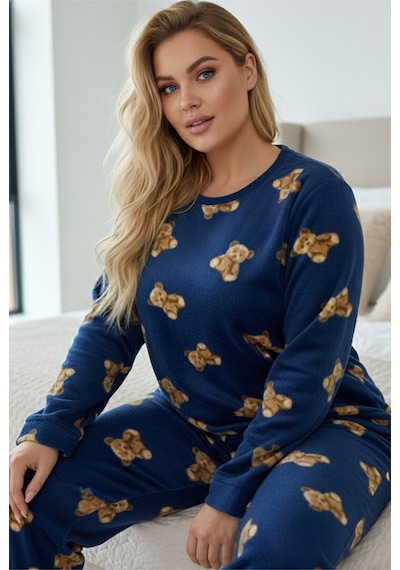 Siyah İnci Büyük Beden Polar Kışlık Örme Pijama Takım 25222586 mavi