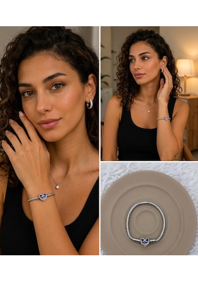 Premium Gümüş Renk Parlak Renkli Taş Detaylı Kalp Charm 316l Çelik Bileklik 18cm