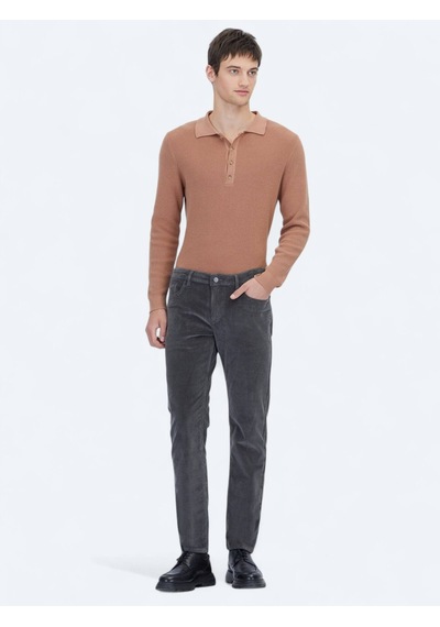 Kip Gri Fitilli Dokuma Slim Fit Kadife Casual Pamuk Karışımlı Pantolon Gri