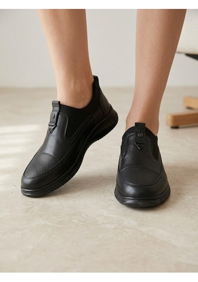 Beren Hakiki Deri Acı Kahve Kadın Ayakkabı Ortopedik Taban Bağcıksız Comfort Casual Günlük Sneaker Siyah