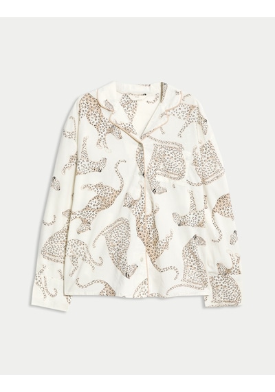 Marks & Spencer Saf Pamuklu Desenli Pijama Üstü T37003656T Krem Mix