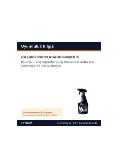 Trobus Araç Döşeme Temizleme Spreyi Leke Çıkarıcı 500 Ml