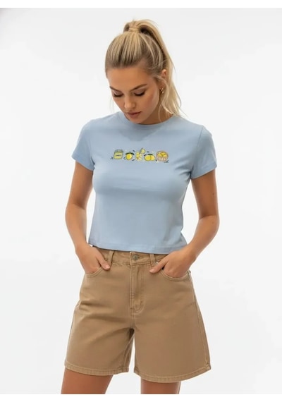 Park Karon 26025 Pamuk Desenli Crop Boy Bisiklet Yaka Örme Bluz Bebe Mavi 40